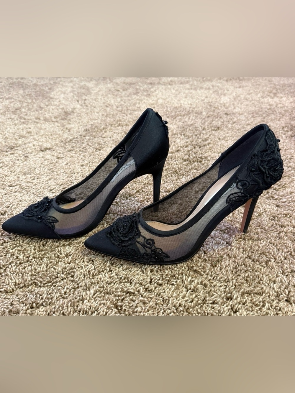 Elegant Women's Black Lace Mesh Pointed-Toe Heels